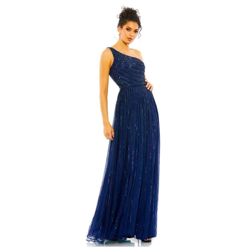 MAC DUGGAL Embellished One-shoulder A-line Gown in Midnight Size 10US